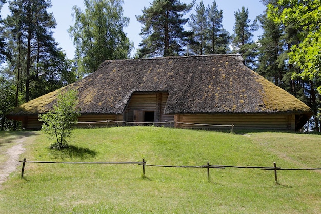 Tradycyjny stary drewniany dom z trzcinowym dachem na Łotwie