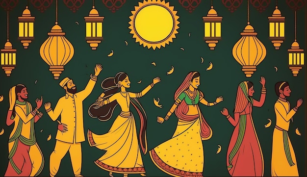 Tradycyjny sztandar Diwali Ilustracja przedstawiająca ludzi świętujących Diwali, lekki festiwal w Indiach