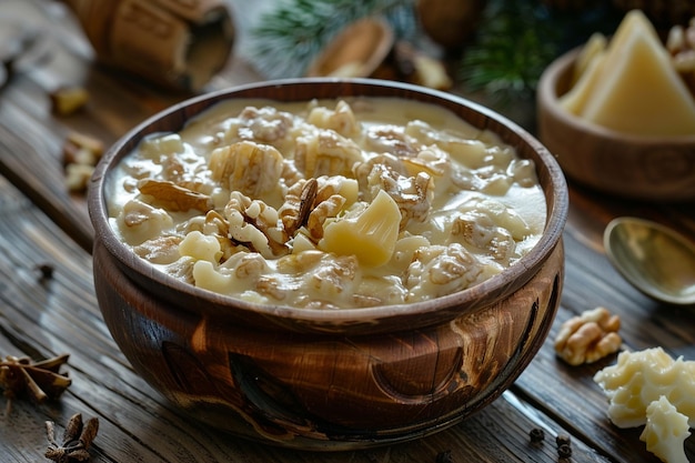 Tradycyjny turecki pudding noahs w misce na drewnianym stole