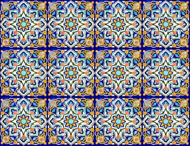 Tradycyjny wzór uzbecki na płytce ceramicznej na ścianie meczetu, abstrakcyjne tło