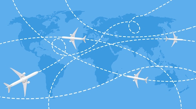 Zdjęcie trajektorie samolotów pasażerskich na niebieskiej mapie świata