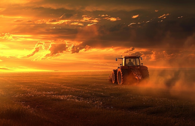 traktor jedzie po polu o zachodzie słońca