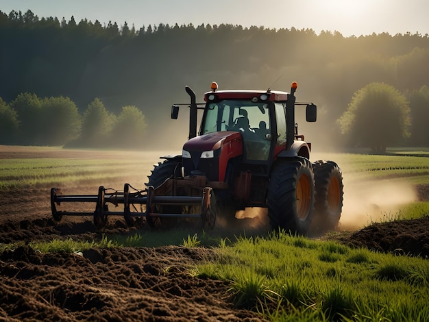 Traktor jest na polu, a słońce świeci na drzewach.