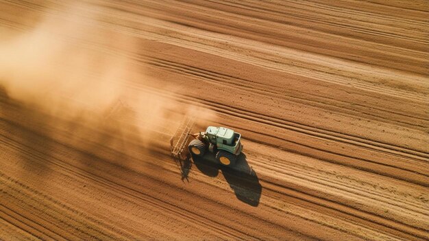 Traktor jeździ przez brudne pole z pyłem latającym