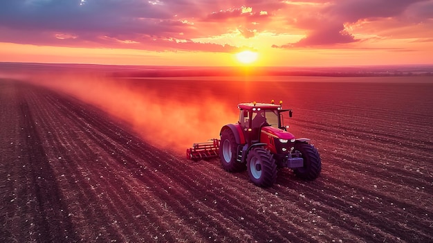 Traktor na polach w krajobrazie rolniczym