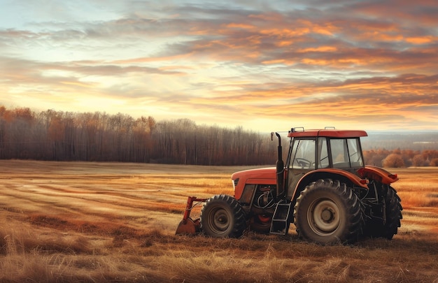 traktor na polu o zachodzie słońca