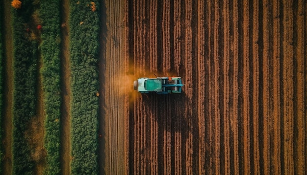 Traktor orze pole z drzewami w tle
