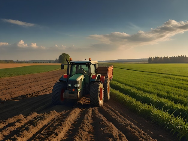 Zdjęcie traktor orze pole z niebieskim tłem