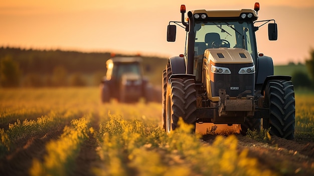 Zdjęcie traktor pracujący na plantacji o zachodzie słońca