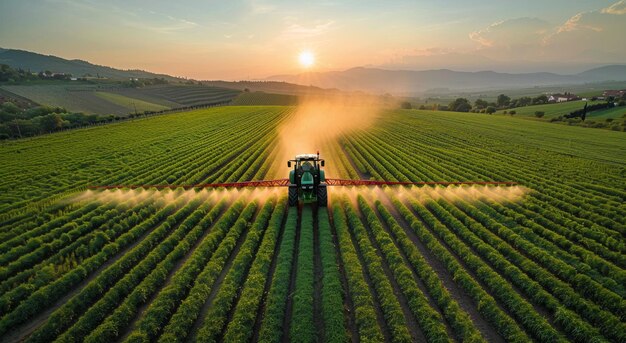 Traktor rozpylający pestycydy na polu pszenicy