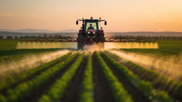 Traktor rozpylający pestycydy na polu uprawnym podczas zachodu słońca