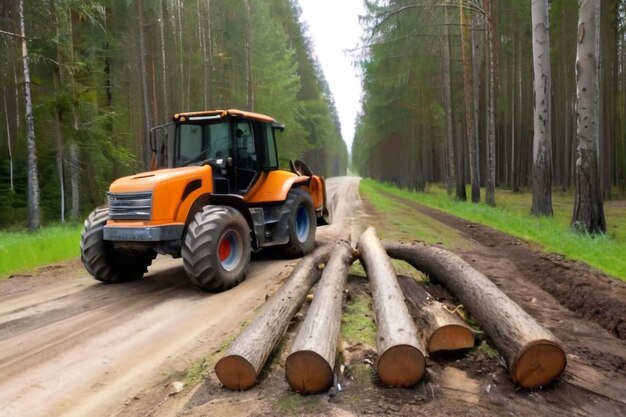 Zdjęcie traktor w pobliżu drogi usuwa wycięte drzewa ciężki sprzęt