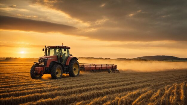 Traktor zbierający pszenicę przy zachodzie słońca na polu