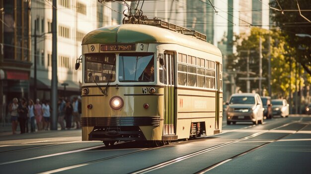 Tramwaj jedzie ulicą miasta.