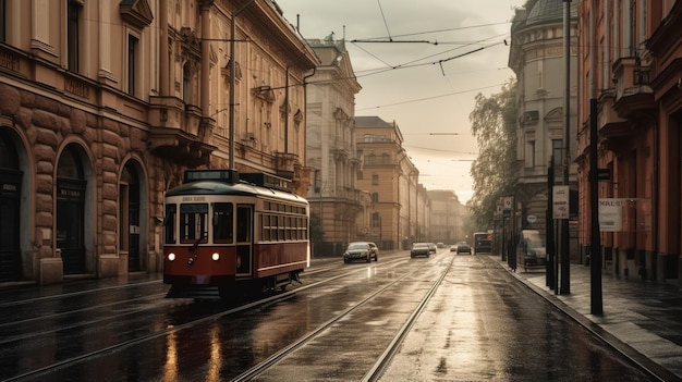 Tramwaj na deszczowej ulicy w Pradze