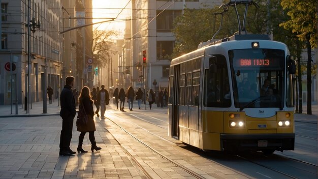 Tramwaj zbliża się w wieczornym świetle.