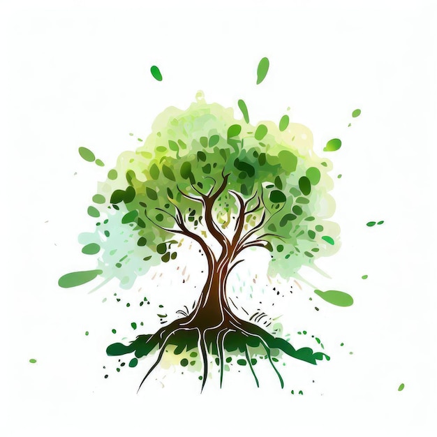 Tranquil Reflections Green Splash Tree Akwarela Ilustracja Generatywna AI