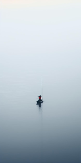 Transcendentna minimalistyczna fotografia Zagubiona gondola w rozległej rzece mgły