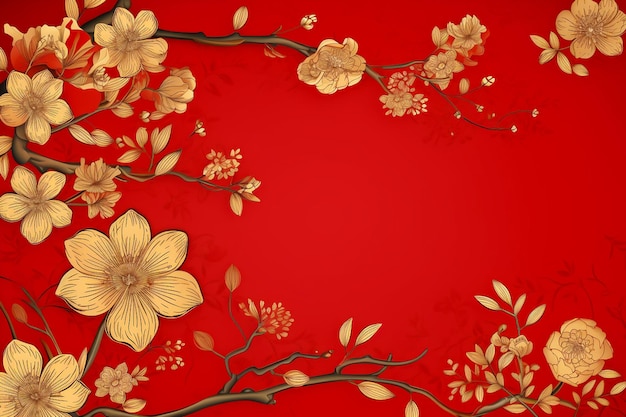 Transparent Złoty Chiński Nowy Rok Czerwone tło ze złotą ramką z kwiatami