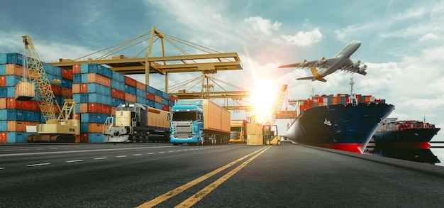Zdjęcie transport i logistyka statku container cargo i samolotu cargo. renderowania 3d i ilustracji.