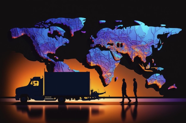 Transport na całym świecie globalny transport przesyłek Żegluga towarowa Rozładunek z jednego statku i załadunek na inny w celu dokończenia podróży do miejsca docelowego Generacyjna sztuczna inteligencja