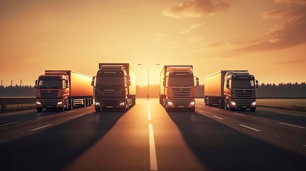 Transport towarów Szczegółowy render 3D ciężarówek towarowych na autostradzie o zachodzie słońca Obraz wygenerowany przez sztuczną inteligencję