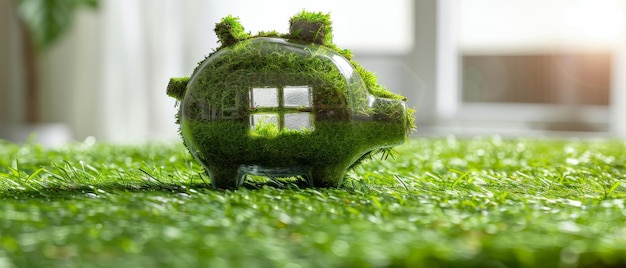 Zdjęcie trawa rośnie w przezroczystej skarbnicy w kształcie domu, aby oszczędzać na zakup domu lub oszczędności domowe