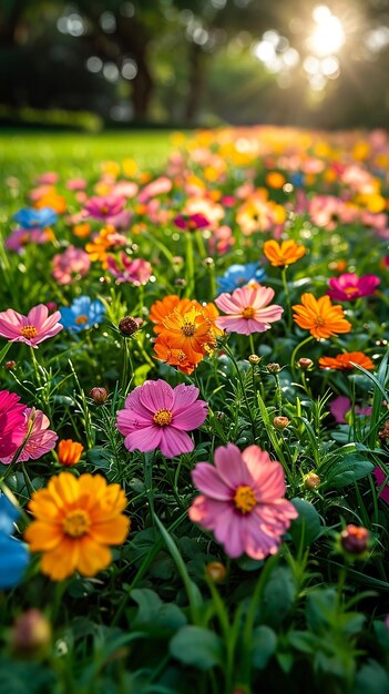 Trawnik z jasnymi letnimi kwiatami