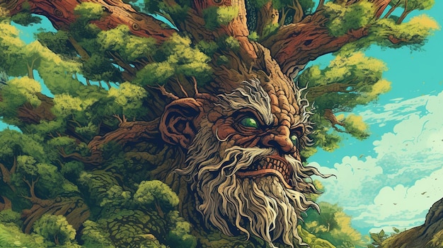 Treant broniący swojego leśnego domu przed intruzami Koncepcja fantasy Malarstwo ilustracyjne