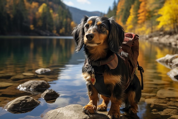 Trekker Dachshund z plecakiem do eksploracji szlaków