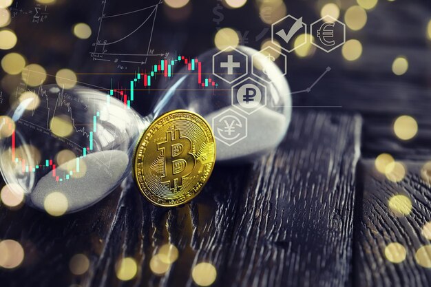 Trend na rynku hossy Kryptowaluty Wykres wzrostu akcji Bitcoin pokazuje silny wzrost ceny bitcoinów Inwestowanie w wirtualne aktywa Platforma inwestycyjna z wykresami i monetą bitcoin