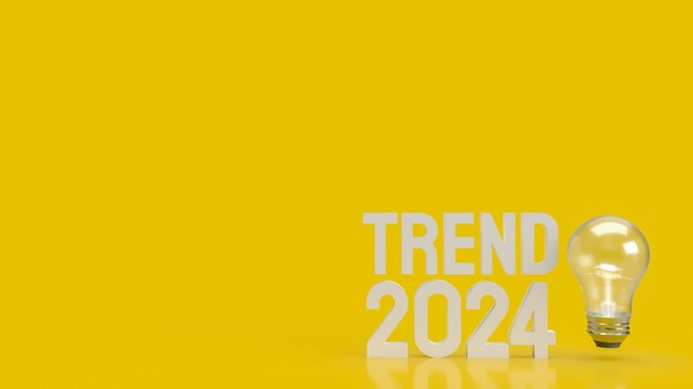 Trend tekstowy 2024 i żarówka na żółtym tle renderowania 3d