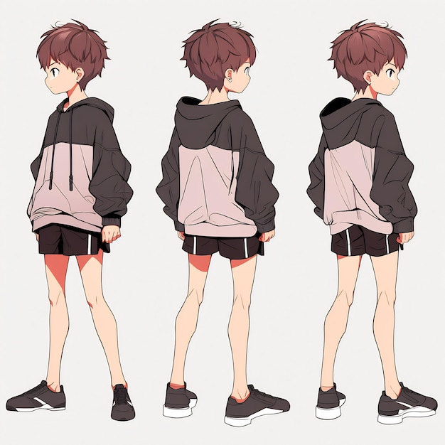 Zdjęcie trendy anime boy character turnaround concept art sheet prezentujący stylowy projekt przystojniaka nastolatka