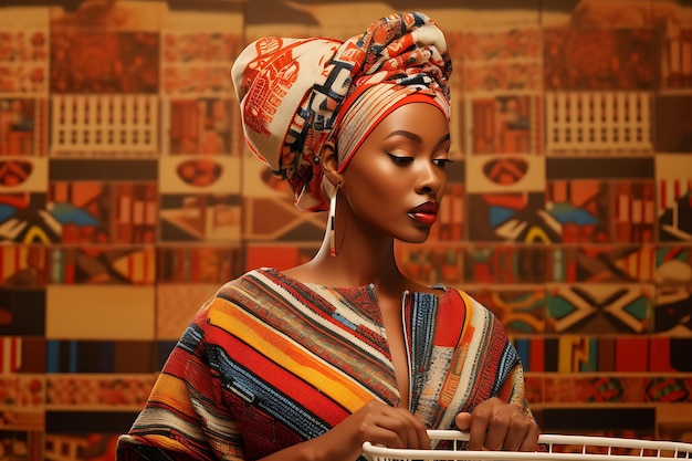 Trendy miejska młoda kobieta pokazująca afrykański projekt tkaniny w koszyku na zakupy w Cleancore Glamour