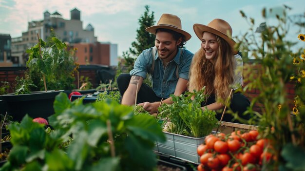 Trendy ogrodnictwa miejskiego Portret Stylowa młoda para uprawiająca warzywa organiczne na tarasie na dachu