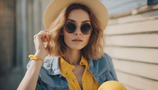 Zdjęcie trendy woman showcasing summer fashion in denim and yellow