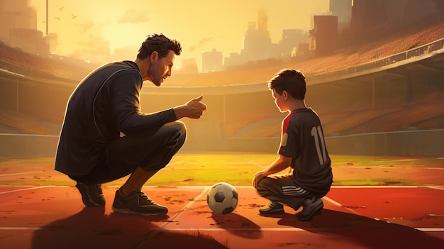 Trener piłki nożnej uczy swojego ucznia
