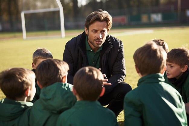 Trener rozmawia z dziećmi na boisku szkolnym