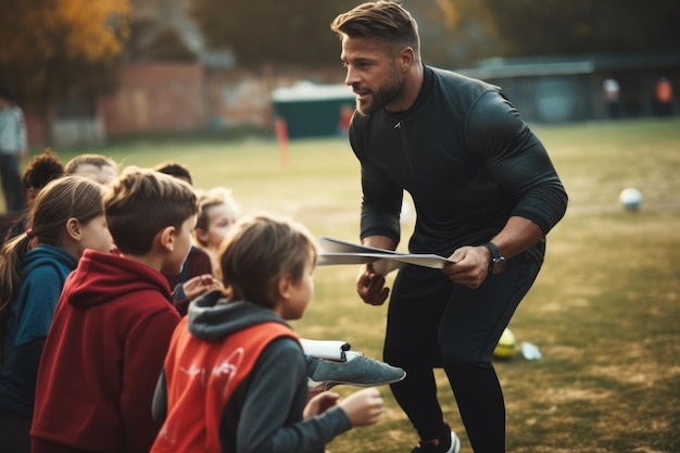 Trener trenujący sport dla dzieci na boisku szkolnym Generacyjna sztuczna inteligencja