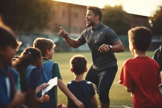 Trener trenujący sport dla dzieci na boisku szkolnym Generacyjna sztuczna inteligencja