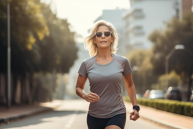 Trening biegowy Kaukaska kobieta w średnim wieku podczas porannego joggingu na pustych ulicach miasta Bądź sama ze sobą podczas porannego biegu i naładuj baterie na cały dzień