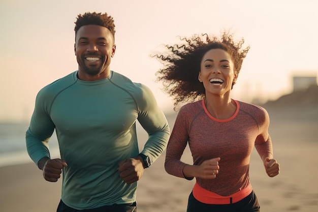 Trening joggingowy Młoda para podczas treningu joggingowego na plaży