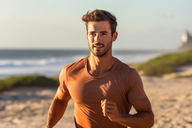 Trening joggingowy Młody mężczyzna rasy kaukaskiej podczas treningu joggingowego na plaży