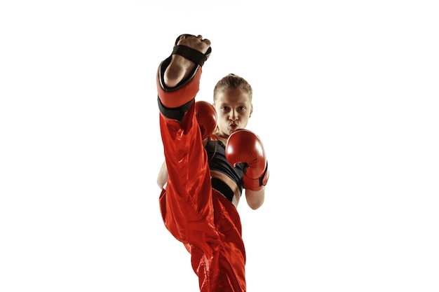 Trening młodych wojowników kickboxingu na białym tle