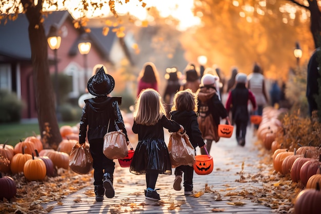 TrickorTreaters Dzieci ubrane w różne przerażające kostiumy na Halloween trzymają torby ze smakołykami i