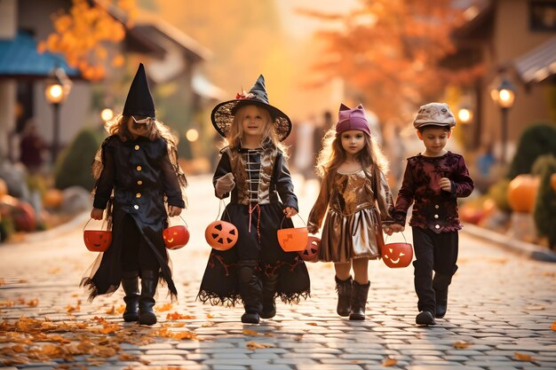 TrickorTreaters Dzieci ubrane w różne przerażające kostiumy na Halloween trzymają torby ze smakołykami i