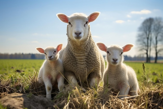 Trio owiec podążających za owcami na pastwisku Generacyjna sztuczna inteligencja