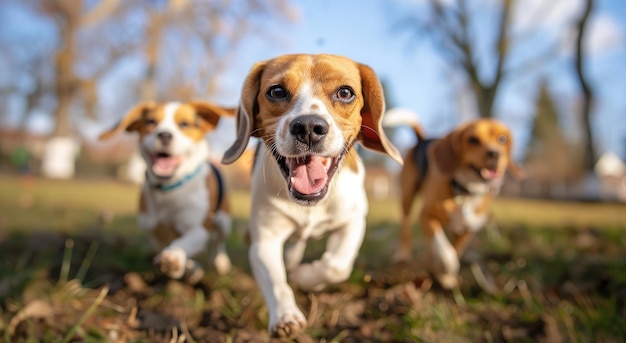 Trio radosnych beagle'ów biegnących w świetle słońca w Sunlit Park Generatywna sztuczna inteligencja