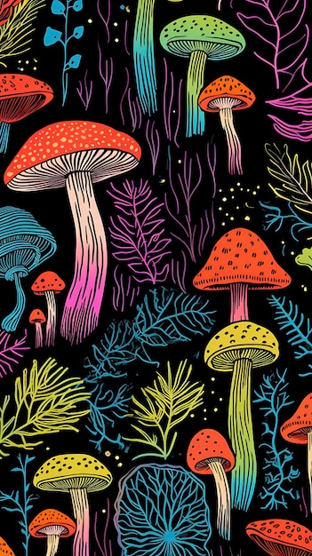 Trippy Mushroom Dream Psychedelic Retro Pattern Generatywna sztuczna inteligencja