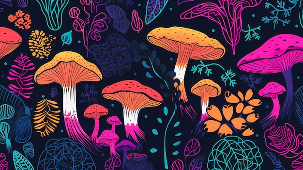 Trippy Mushroom Dream Psychedelic Retro Pattern Generatywna sztuczna inteligencja